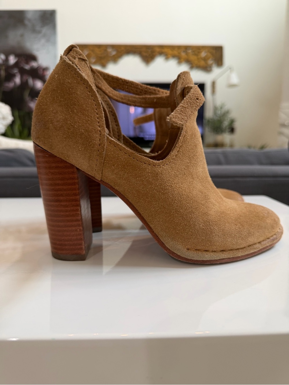 FRYE Women’s Suede High Heel Bootie in Tan
